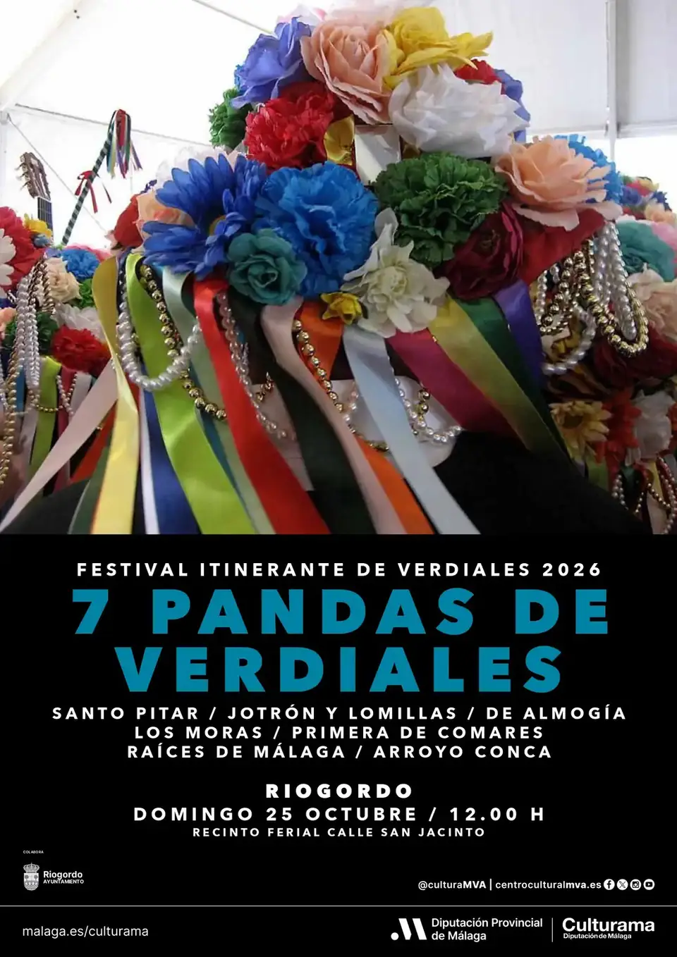 Cartel del XXII Festival Itinerante de Verdiales en Riogordo, 25 de octubre de 2026: sombreros de verdiales con flores y cintas
