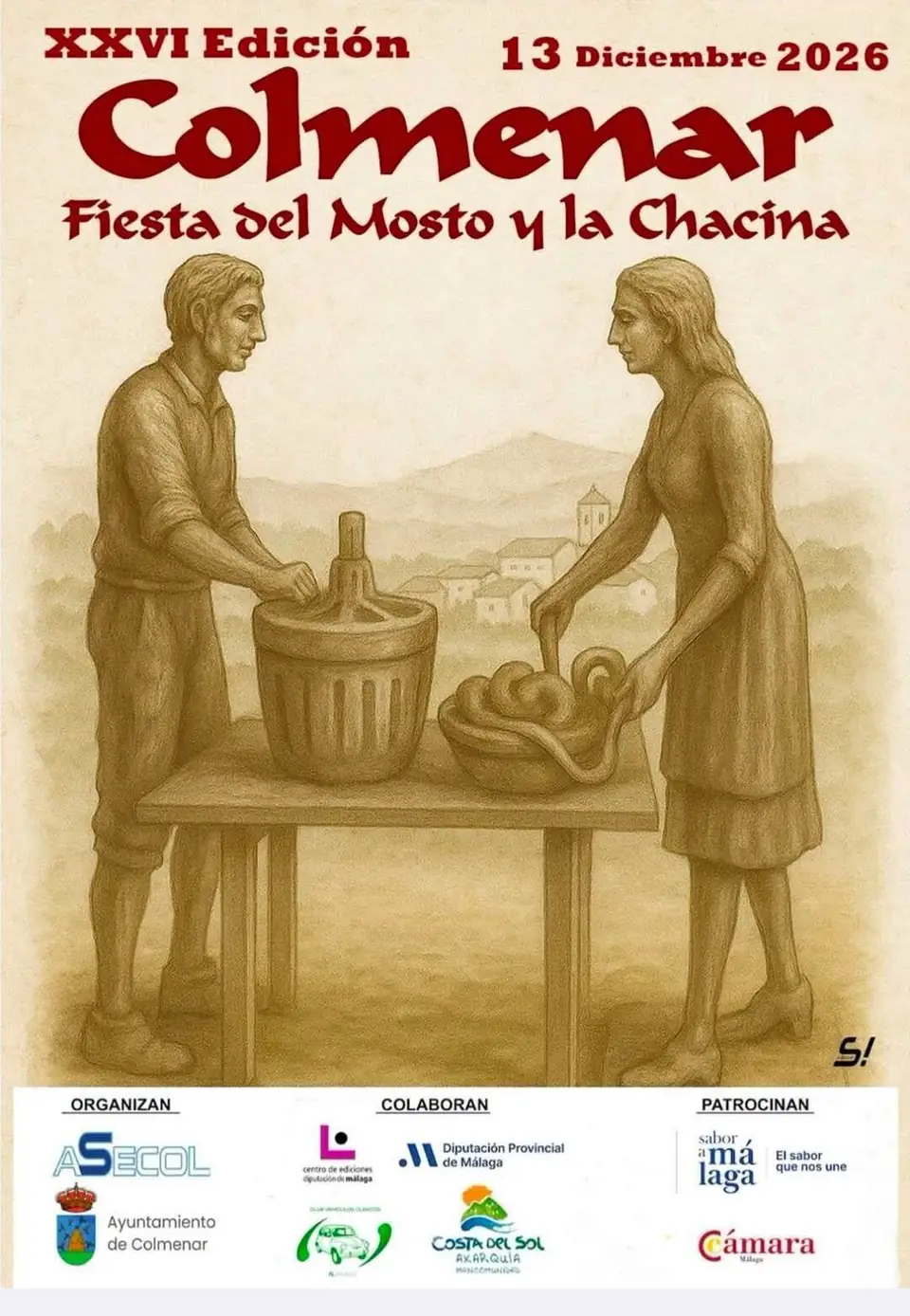 Cartel de la XXVI Fiesta del Mosto y la Chacina de Colmenar, 13 de diciembre de 2026: dibujo de una pareja con el mosto y los chorizos