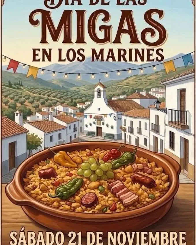 Cartel del Día de las Migas en Los Marines, 21 de noviembre de 2026: dibujo de una cazuela de migas con uvas, pimientos y chorizo ante las casas blancas y la iglesia de un pueblo